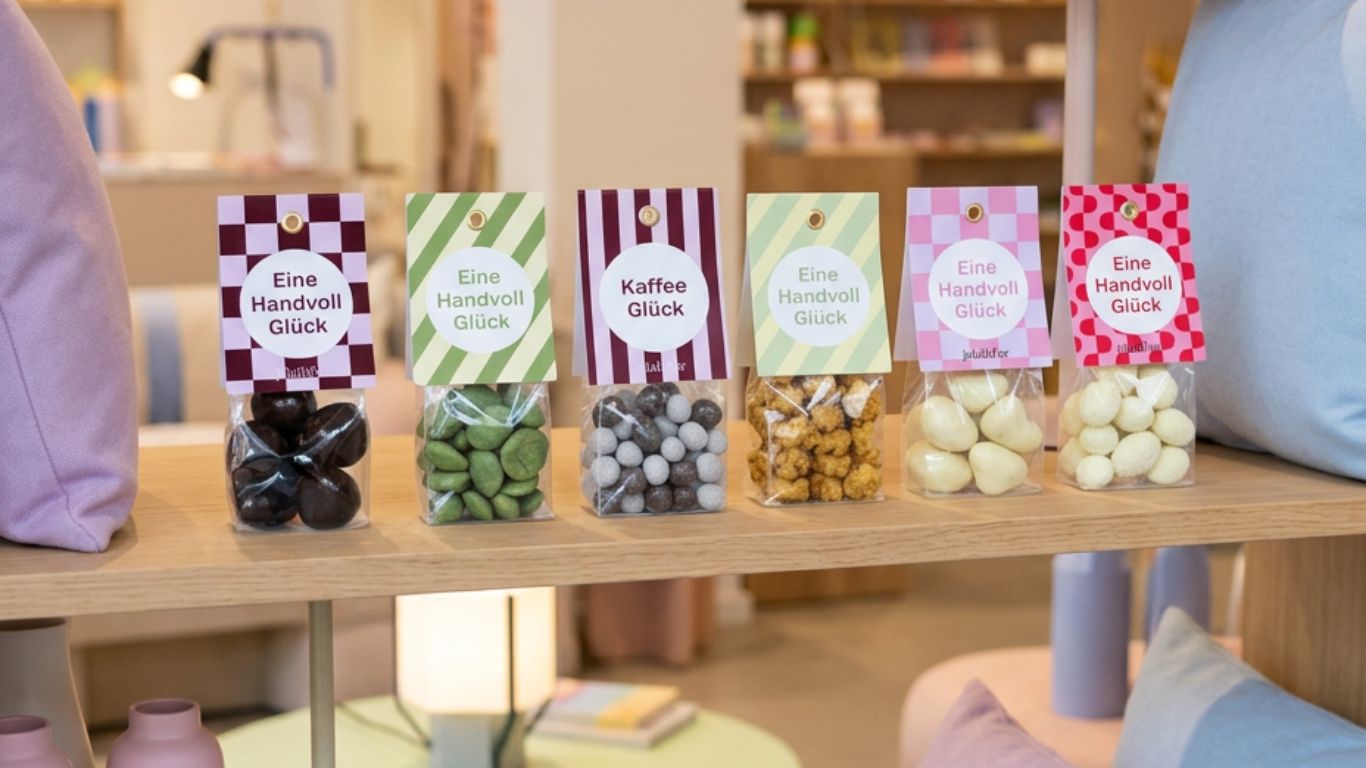 6 transparente Geschenkpackungen mit schokolierten Snacks auf Holzregal