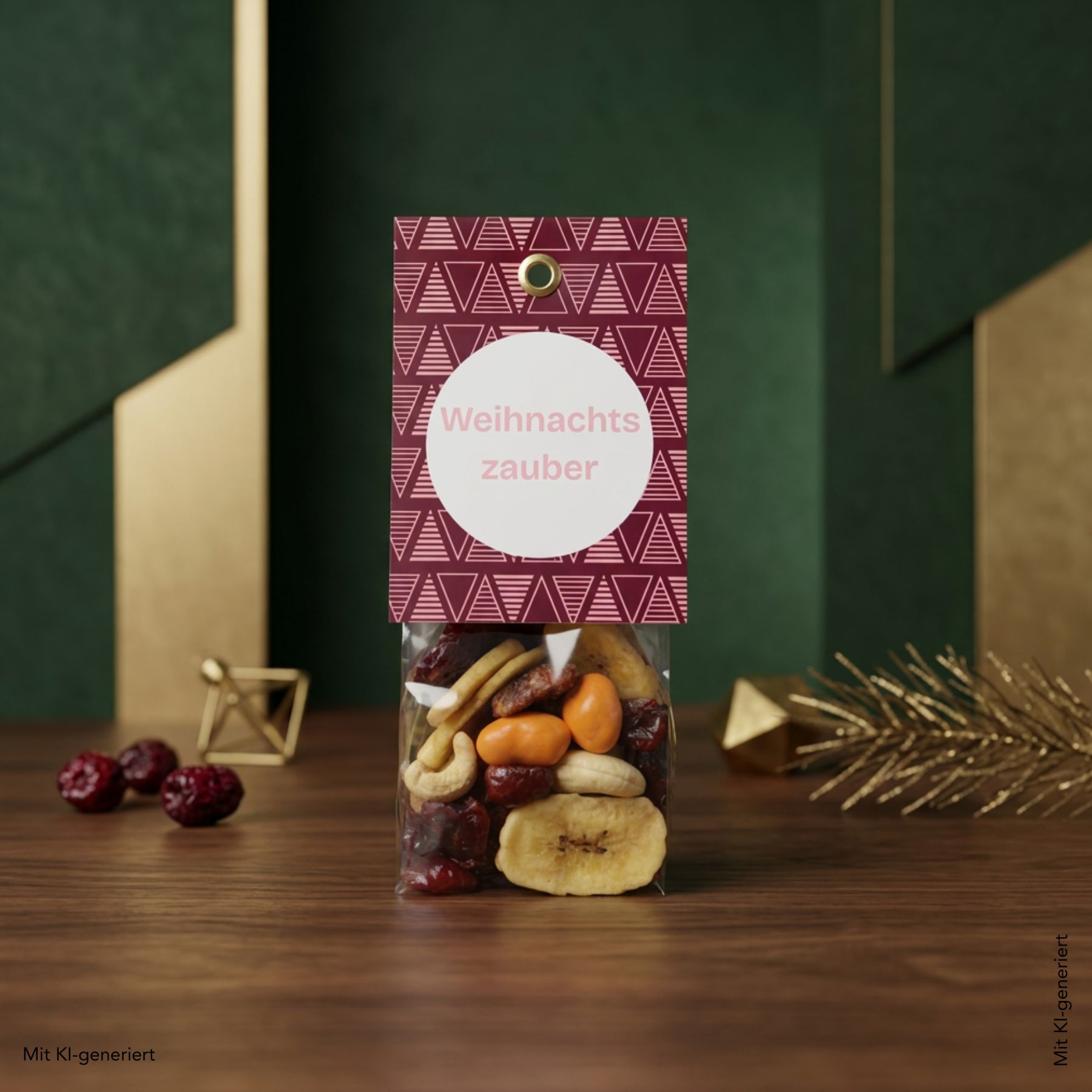 Nuss-Frucht-Mix in weihnachtslicher Packungauf Holztisch
