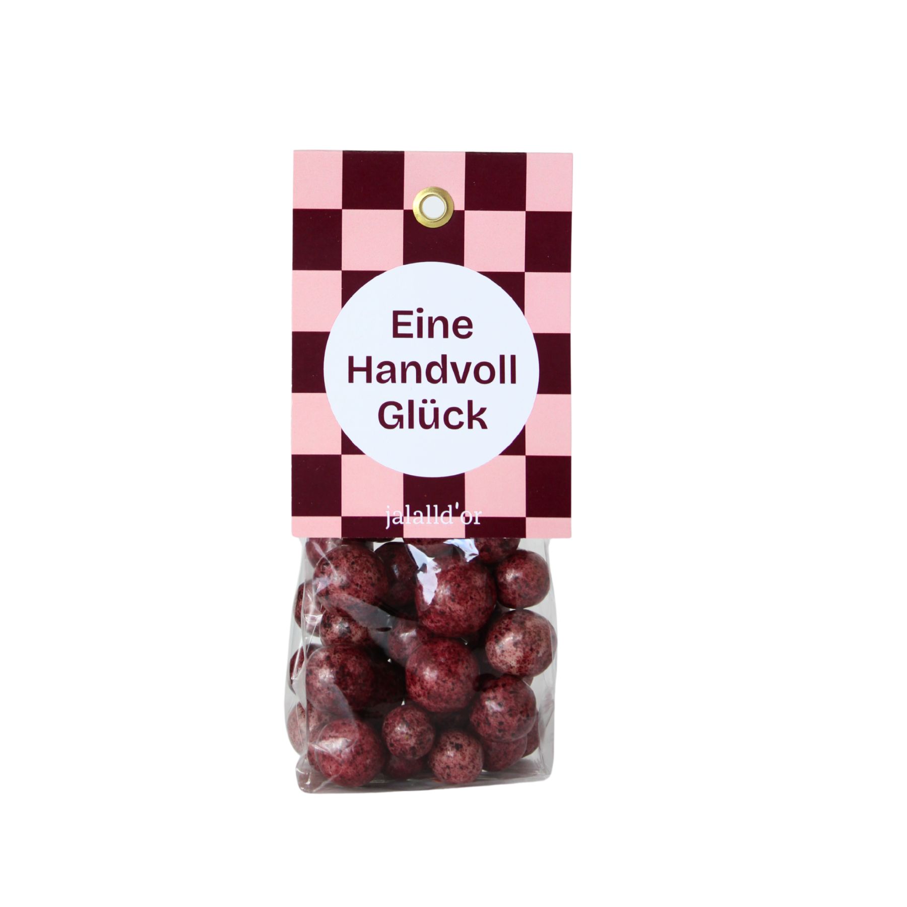 dunkelrote Schokojohannisbeerkugeln in Geschenkpackung mit Name Eine Handvoll Glück