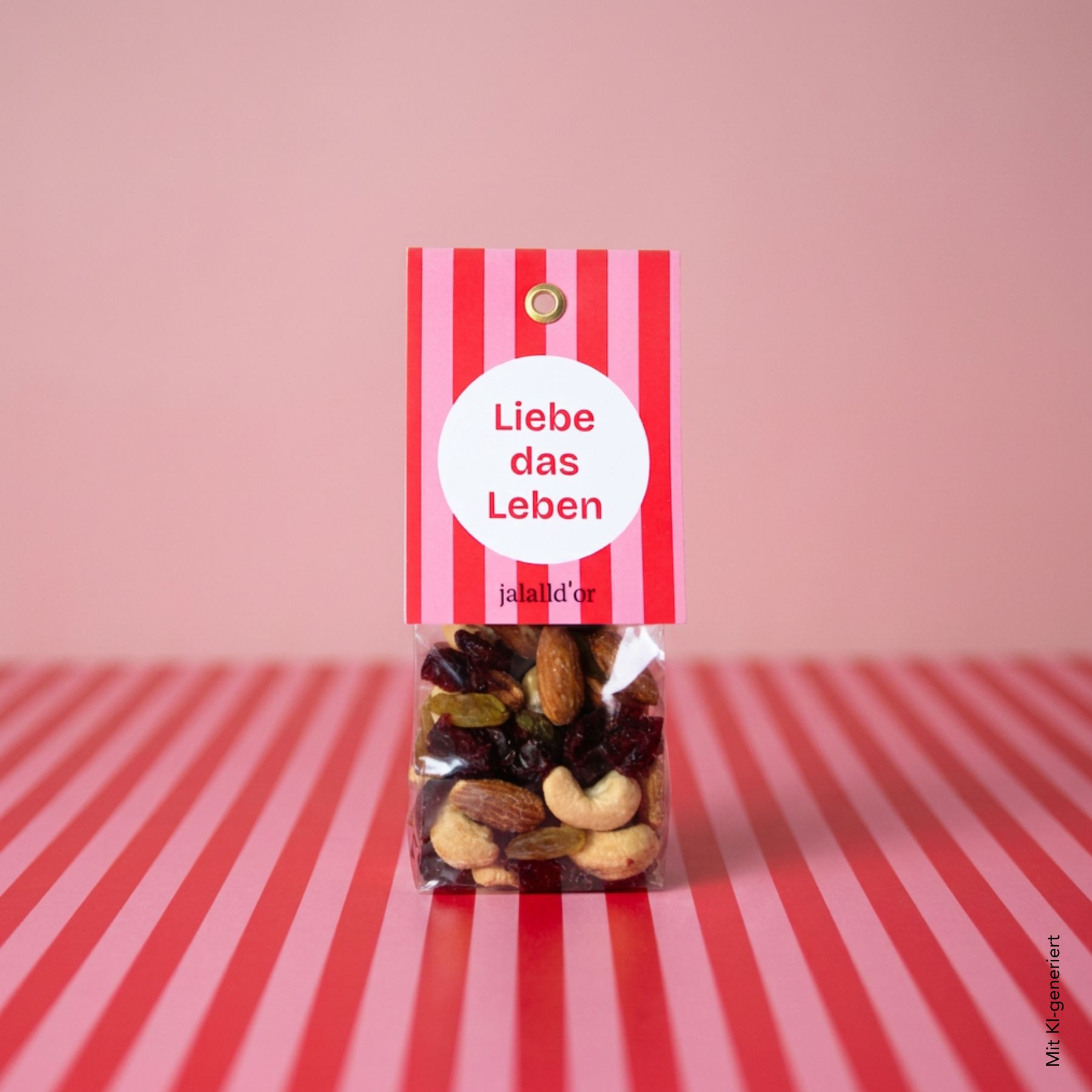 bunte Packung mit Nuss-Frucht-Mix auf gestreiftem Untergrund