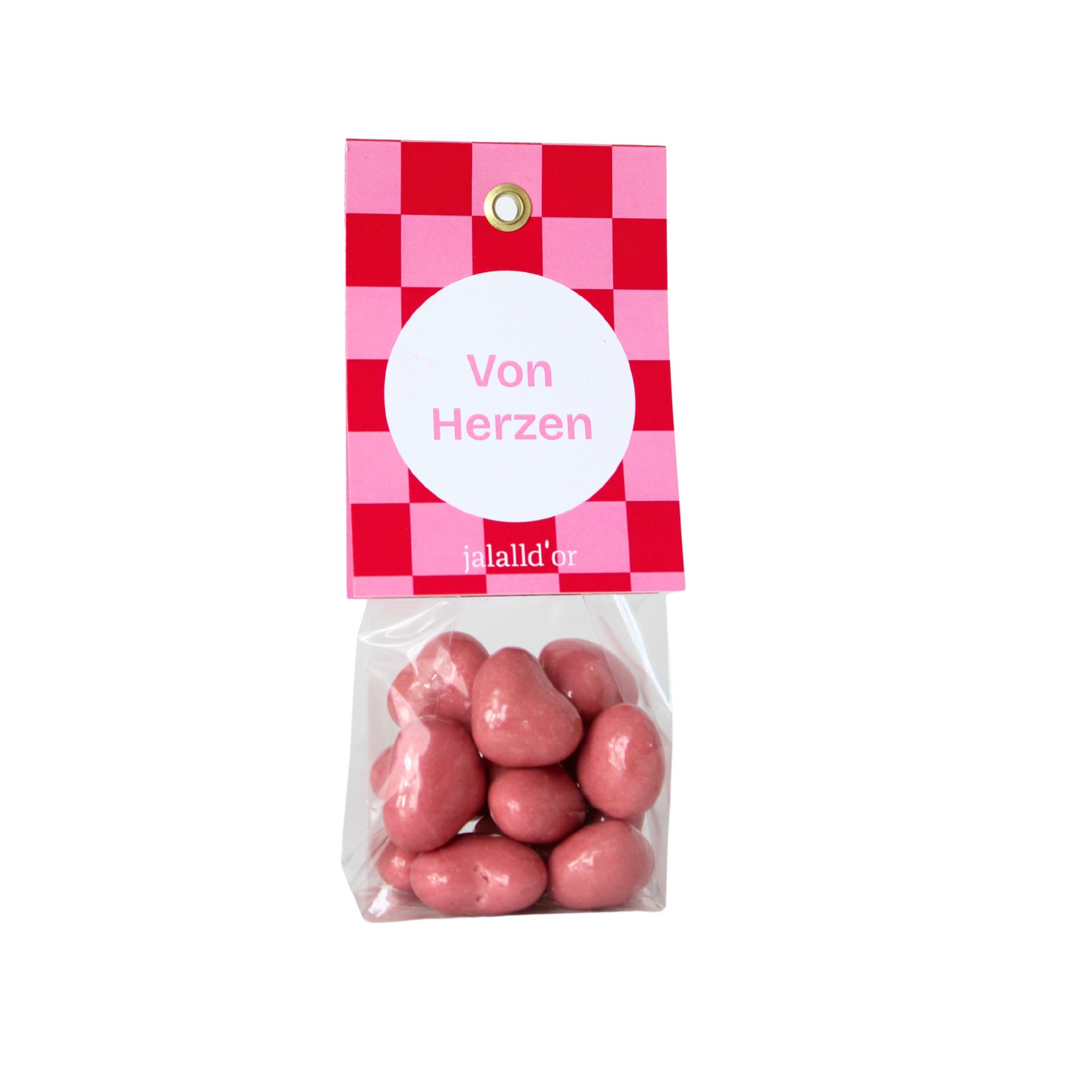 Rosa Schokoherzkekse in bunter Geschenkpackung mit Name Von Herzen