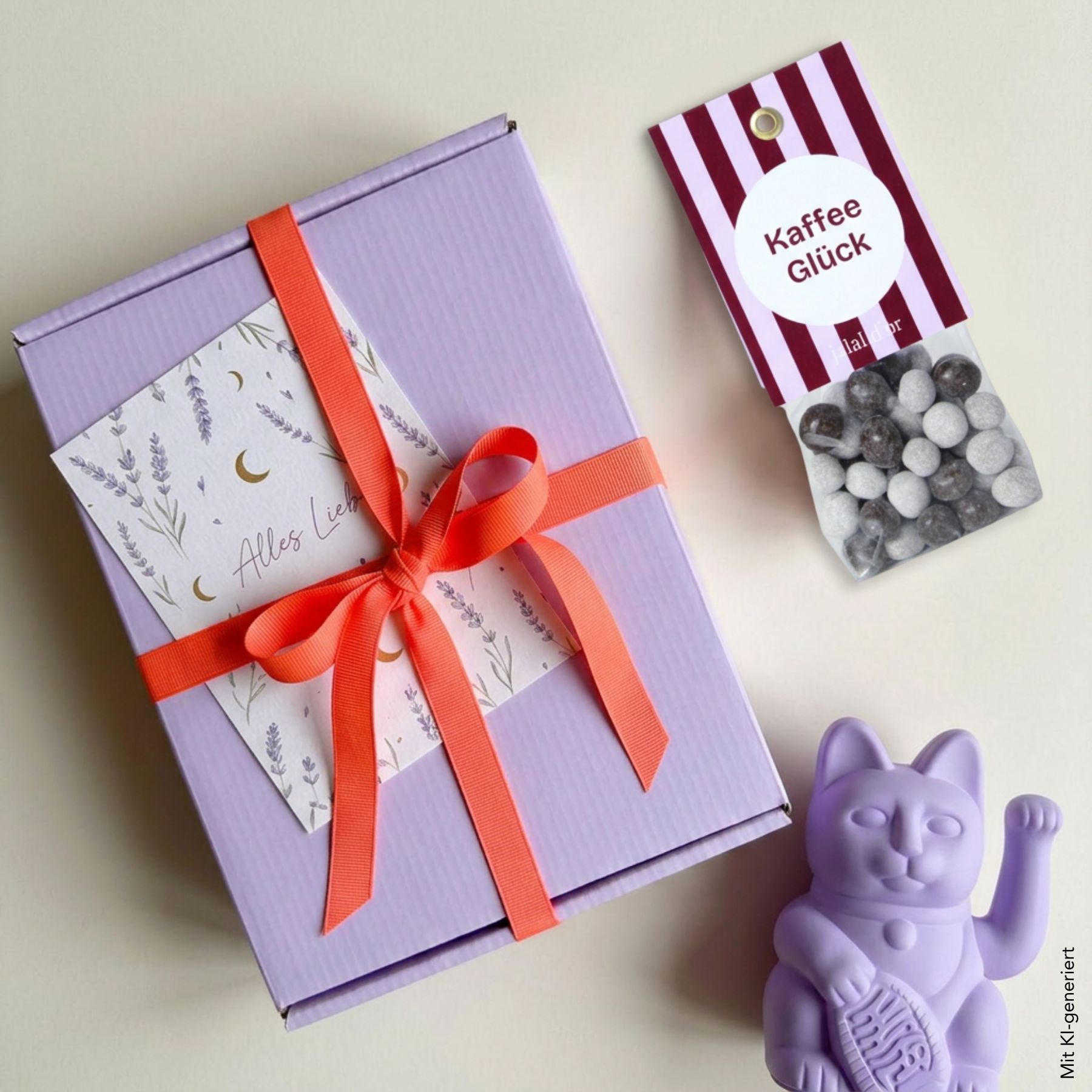 Geschenkbox mit Schleife, lila Winkekatze und Geschenkpackung Schoko-Kaffeebohnen