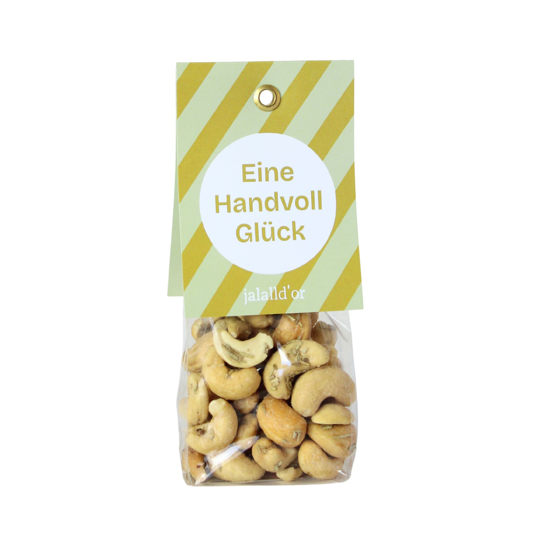 Cashewkerne mit Rosmarin bestreut in Cellophanpackung mit hellgrün-gold-gestreiftem Papierreiter