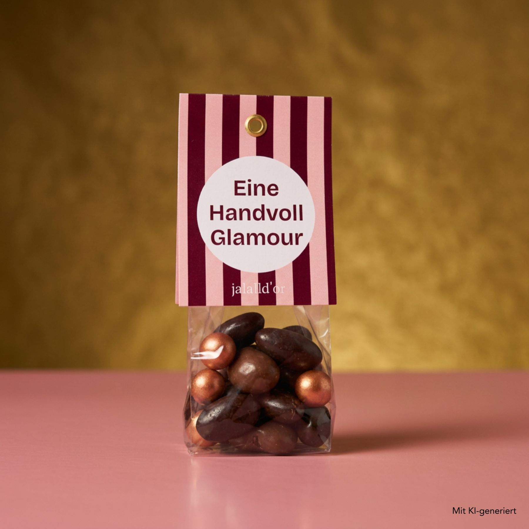 Geschenktüte-Schoko-Nuss-Mix vor buntem Hintergrund
