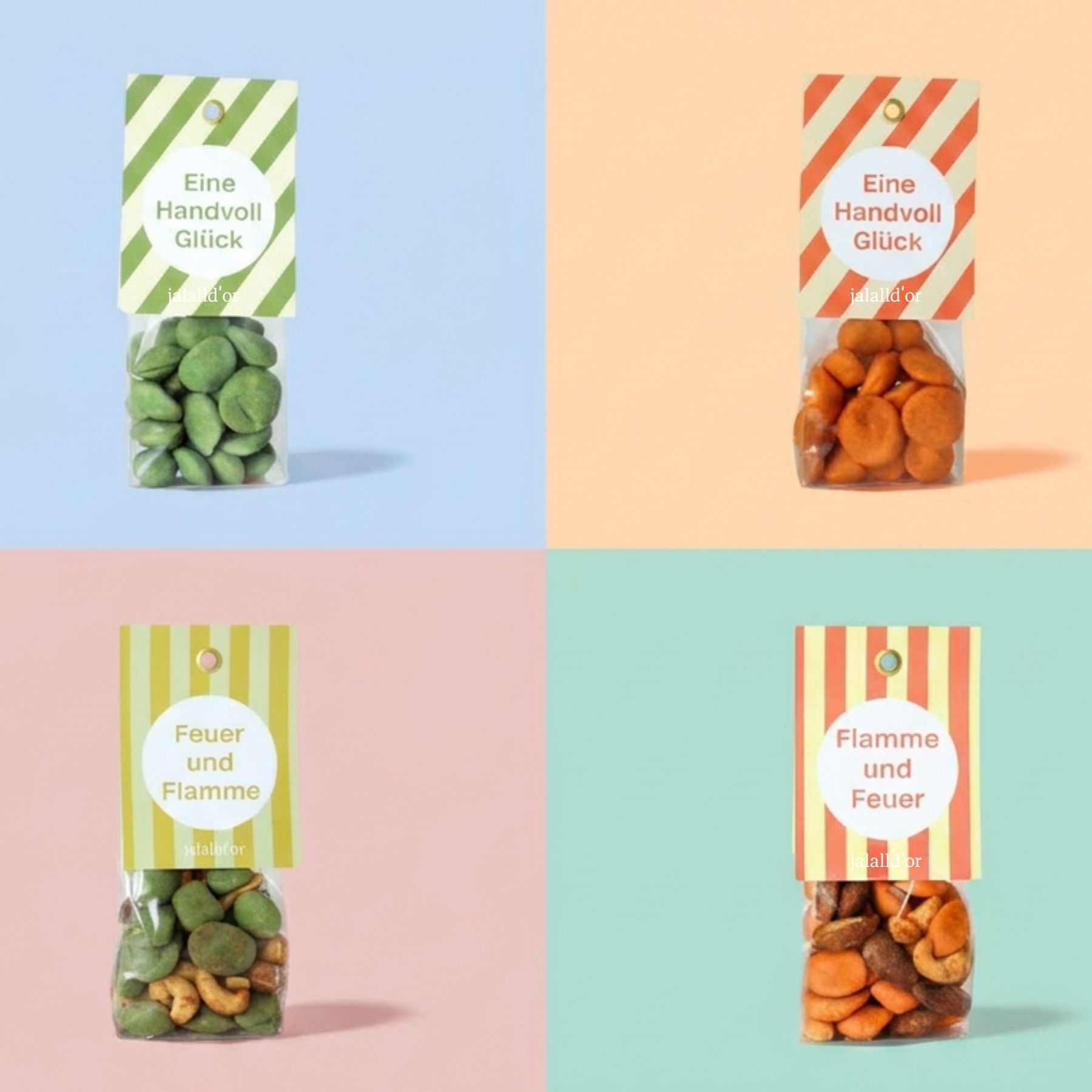 Vier-bunte-Quadrate-mit-bunten-Nuss-Snacks