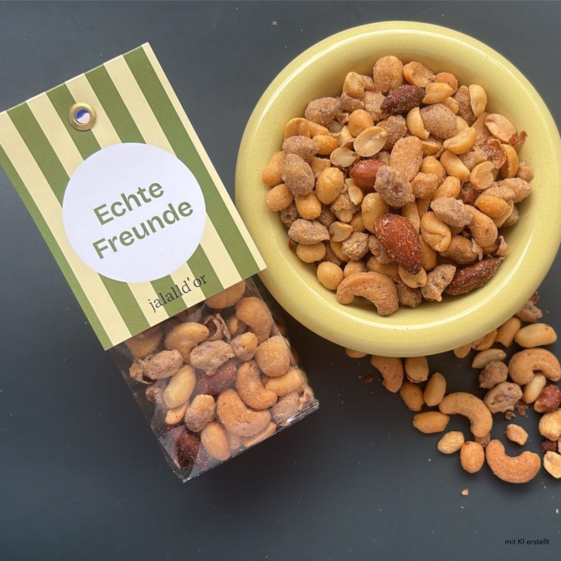 Geschenkpackung mit Nussmix neben runder Schale gefüllt mit Nüssen