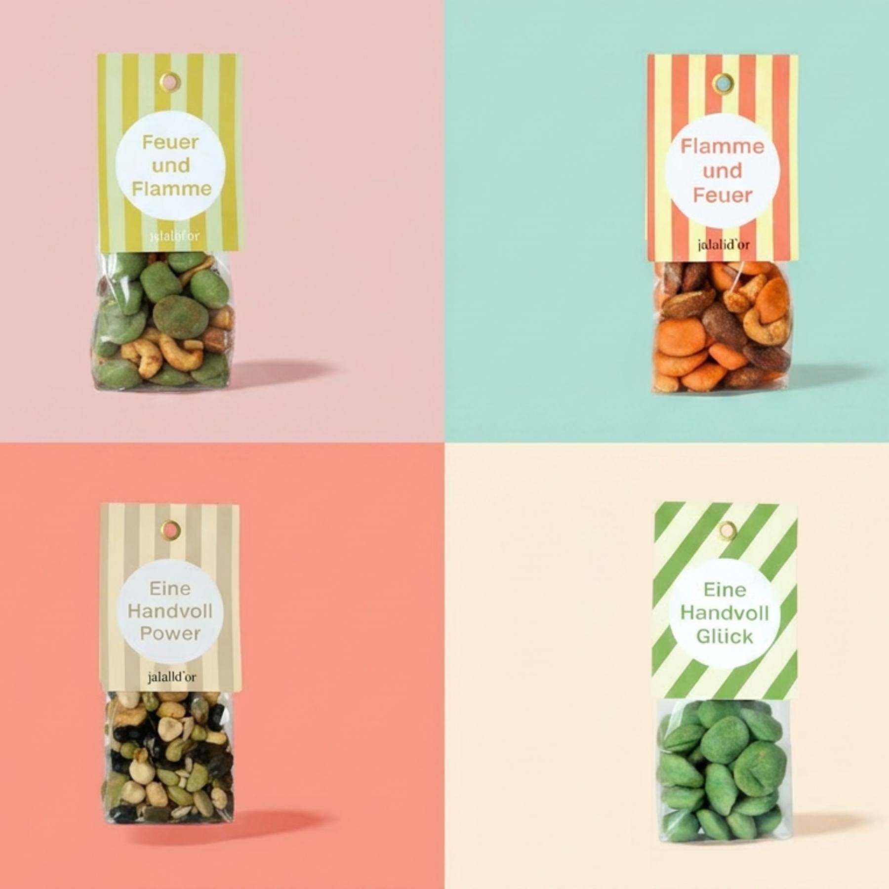 vier pastellfarbige Quadrate mit Nuss-Snacks