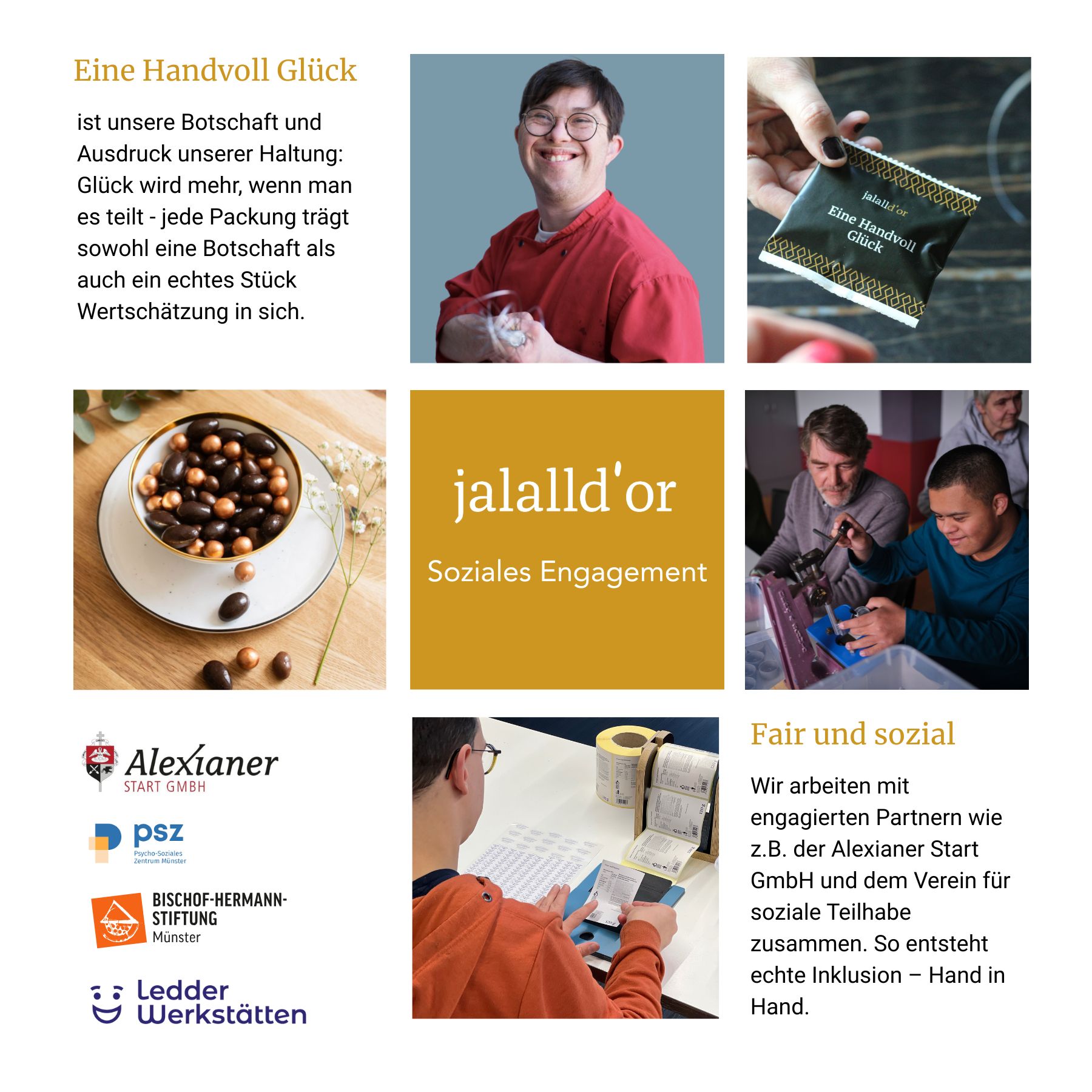 Collage die Zusammenarbeit mit Werkstätten zeigt, die unsere Produkte verpacken