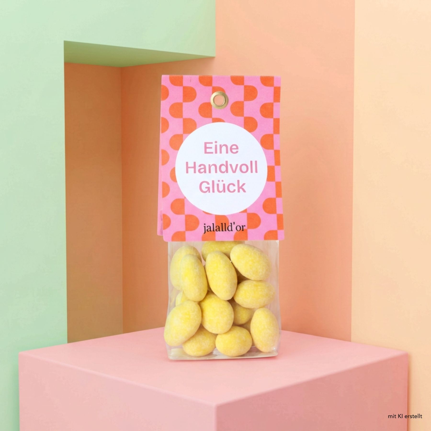 Geschenkpackung mit Orangen-Schoko-Mandeln vor buntem Hintergrund