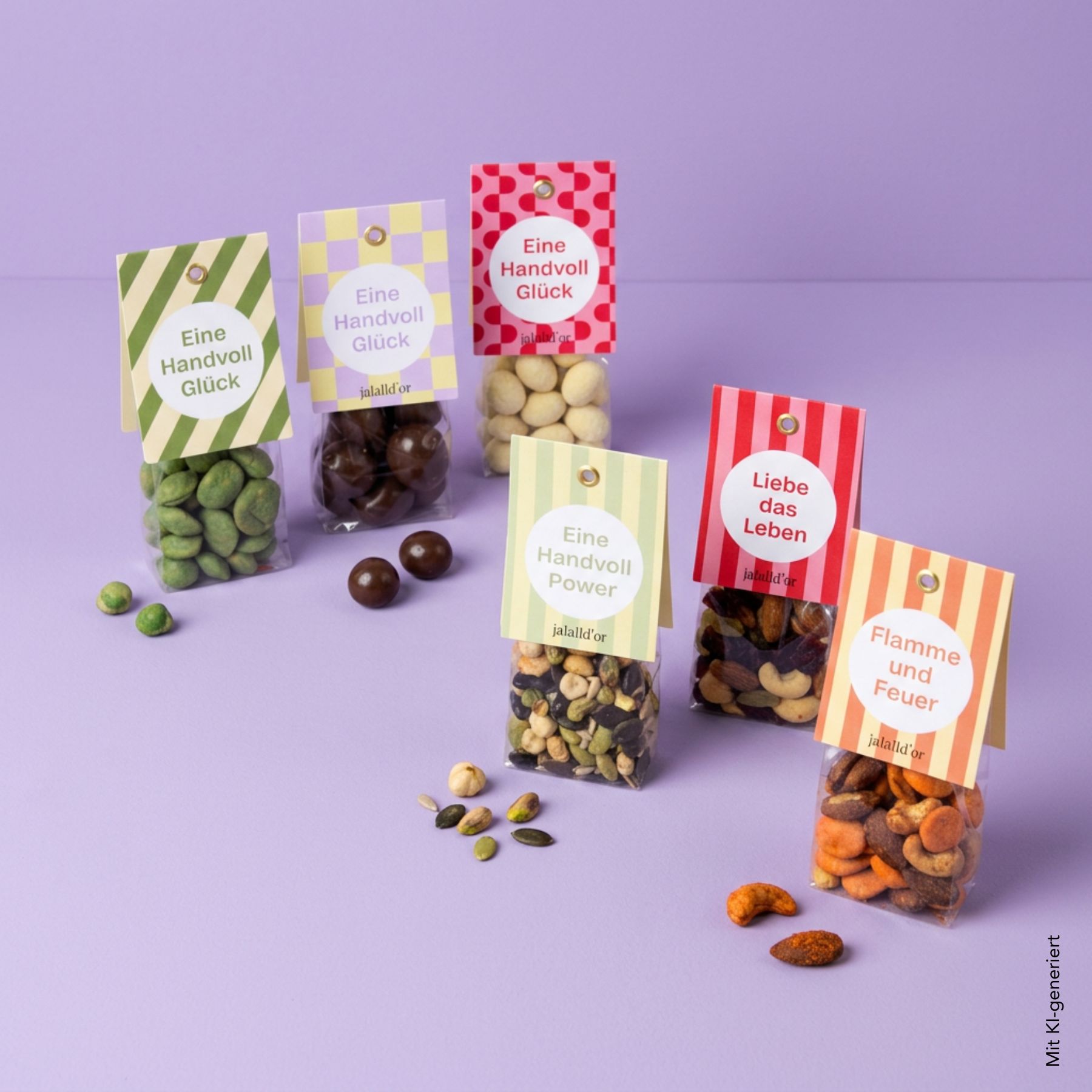6 Geschenktüten mit Botschaft und Snacks aus Nüssen und Schokolade