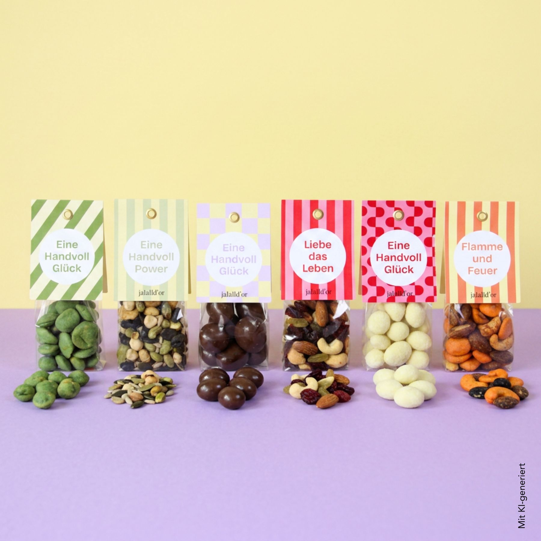 Geschenk-Set mit bunten Verpackungen gefüllt mit Snacks