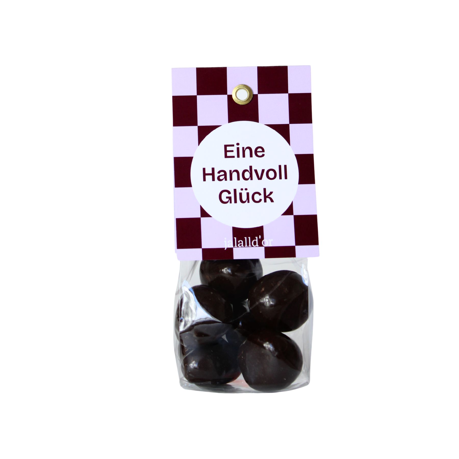 transparente tüte mit Zartbitter Schokoerdbeeren und Anhänger bunt kariert Eine Handvoll Glück