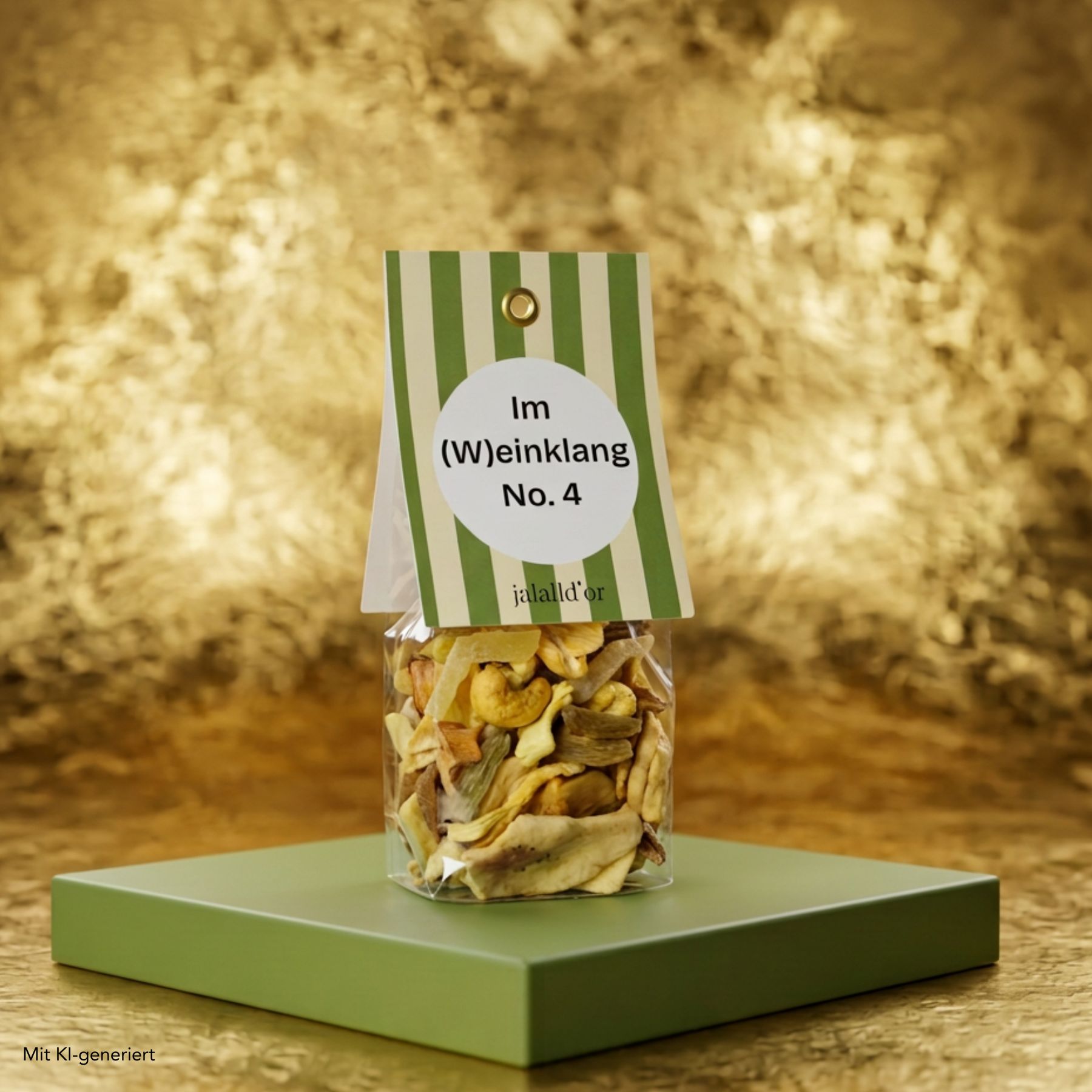 Nuss-Frucht-Mix verpackt auf grüner Platte