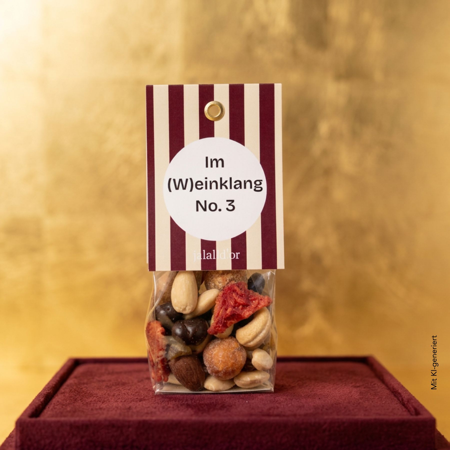 Geschenkpackung mit bunten Nussfruchtmischung auf rotem Samt